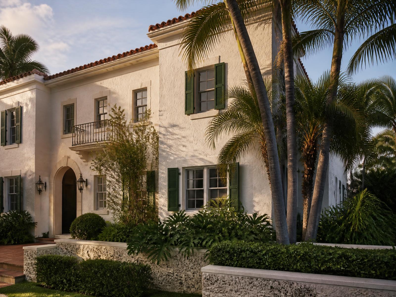 South Florida residential property with white stucco facade, green shutters, and palms